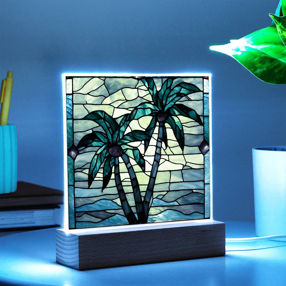 Palm Trees Faux Stained Glass Acrylic Square Plaque-[Heartfelt Family Gift]