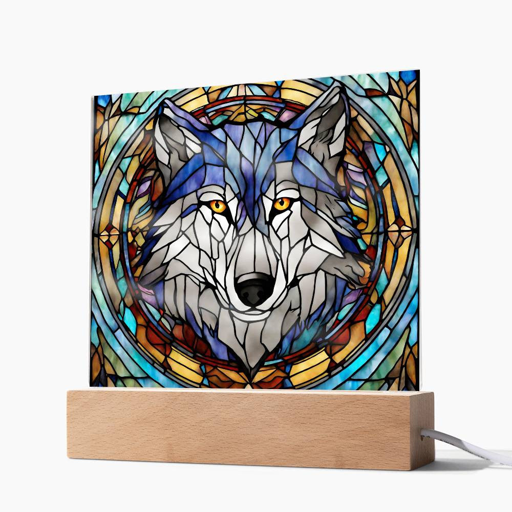 Stained Glass Wolf Acrylic Plaque - Decorative Faux Window Art for Home or Office-[Heartfelt Family Gift]