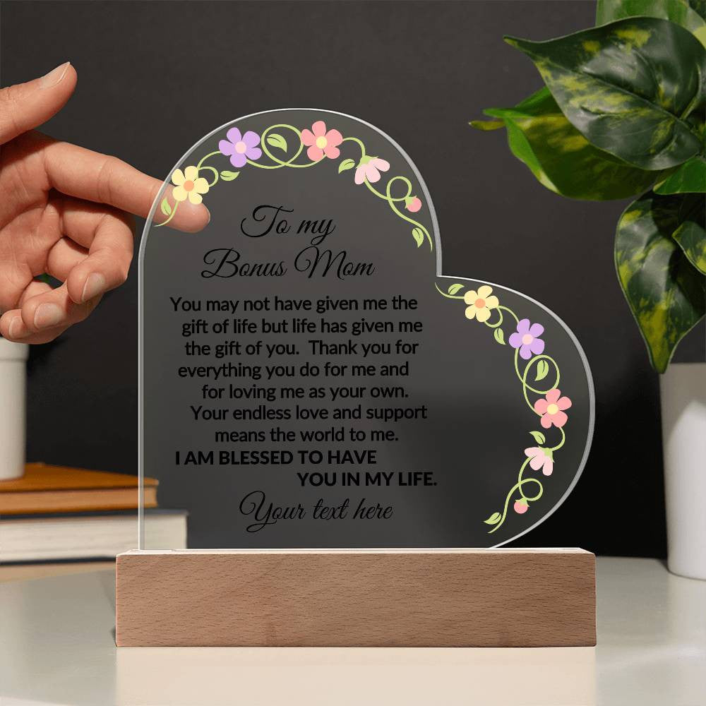 Personalized Bonus Mom LED Acrylic Heart Plaque-[Heartfelt Family Gift]