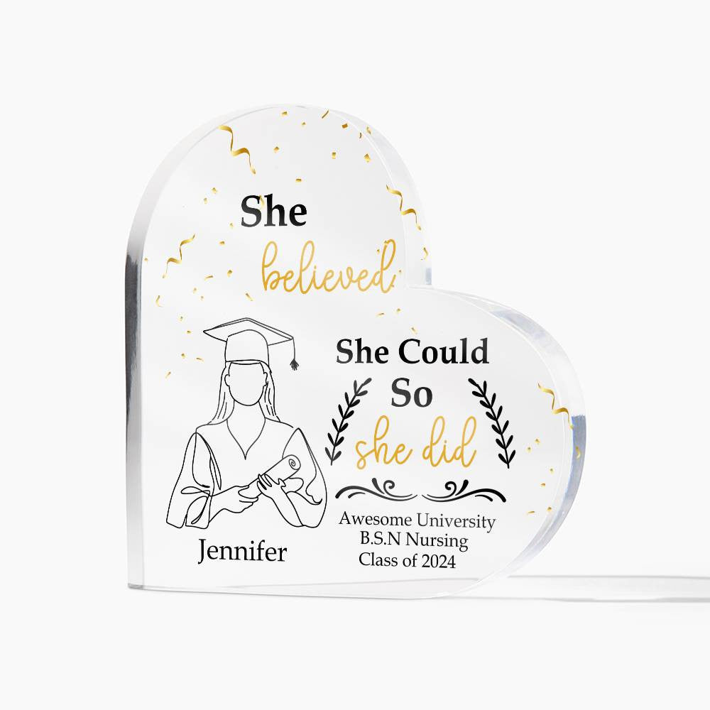 Personalized Graduation Heart Plaque Gift, She Believed She Could So She Did-[Heartfelt Family Gift]