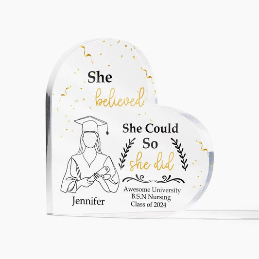 Personalized Graduation Heart Plaque Gift, She Believed She Could So She Did-[Heartfelt Family Gift]