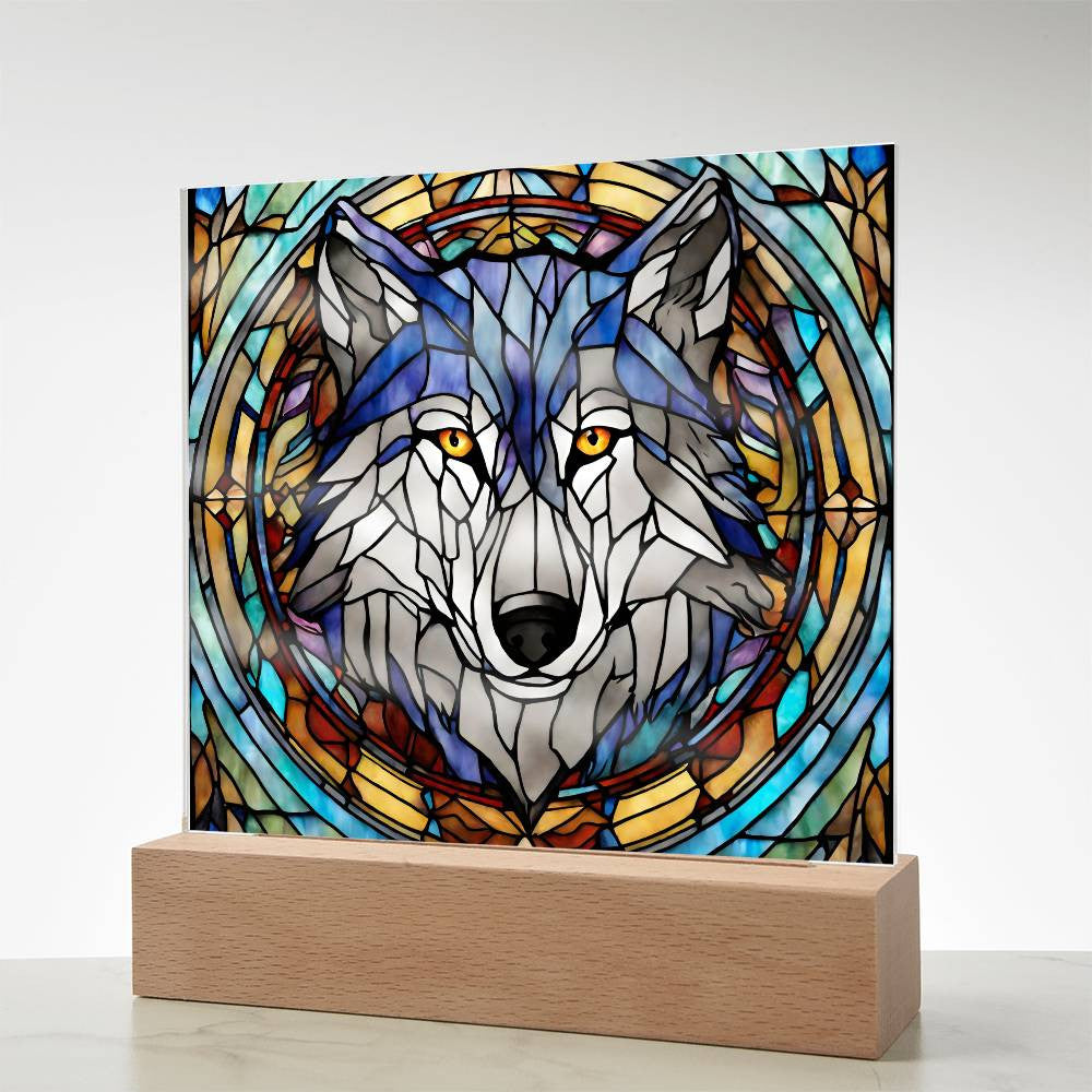 Stained Glass Wolf Acrylic Plaque - Decorative Faux Window Art for Home or Office-[Heartfelt Family Gift]