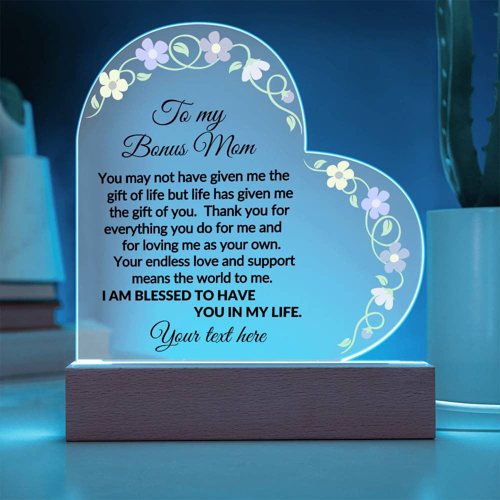 Personalized Bonus Mom LED Acrylic Heart Plaque-[Heartfelt Family Gift]