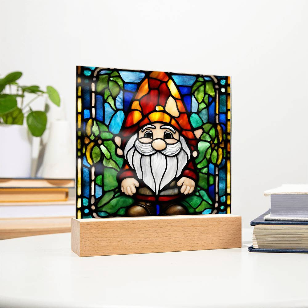 Gnome Faux Stained Glass Acrylic Square Plaque-[Heartfelt Family Gift]