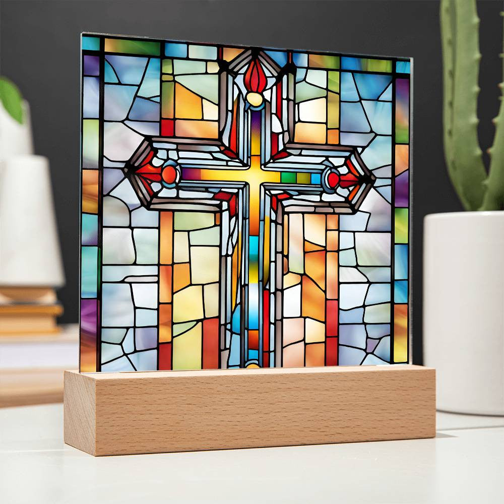 Biblical Cross Faux Stained Glass - Christian Religious Gift for Catholic 1st Communion Baptism and Loss of Loved Ones-[Heartfelt Family Gift]