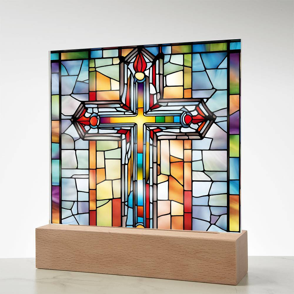 Biblical Cross Faux Stained Glass - Christian Religious Gift for Catholic 1st Communion Baptism and Loss of Loved Ones-[Heartfelt Family Gift]