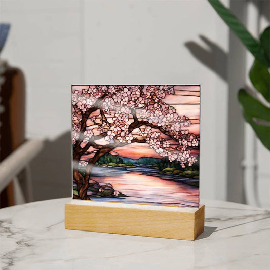 Cherry Blossom Tree On River Acrylic Plaque-[Heartfelt Family Gift]