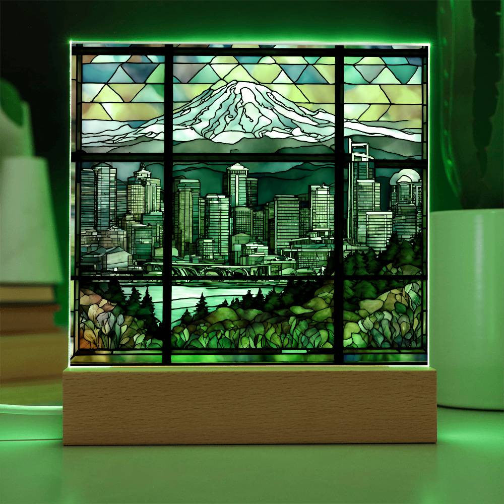 Seattle Skyline Mount Rainier LED Acrylic Plaque-[Heartfelt Family Gift]