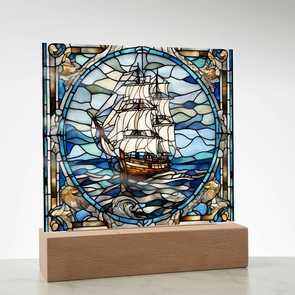 Ship Faux Stained Glass Acrylic Plaque-[Heartfelt Family Gift]