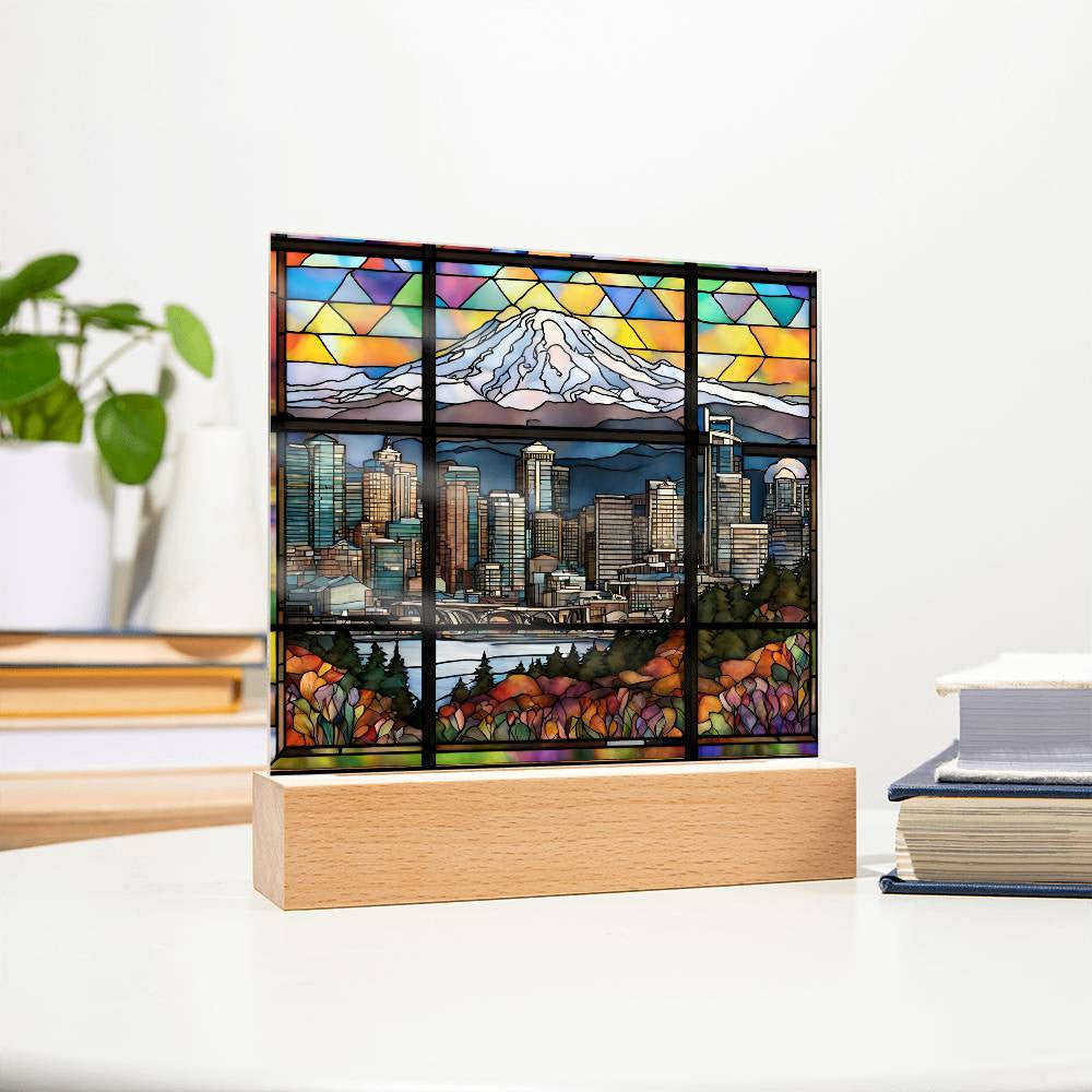 Seattle Skyline Mount Rainier LED Acrylic Plaque-[Heartfelt Family Gift]