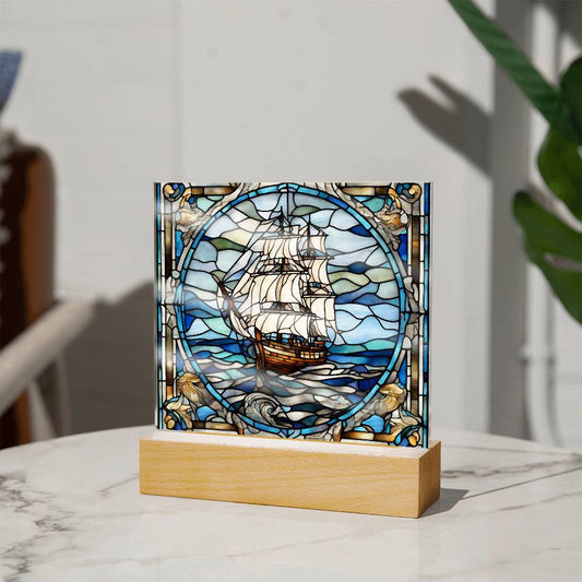 Ship Faux Stained Glass Acrylic Plaque-[Heartfelt Family Gift]