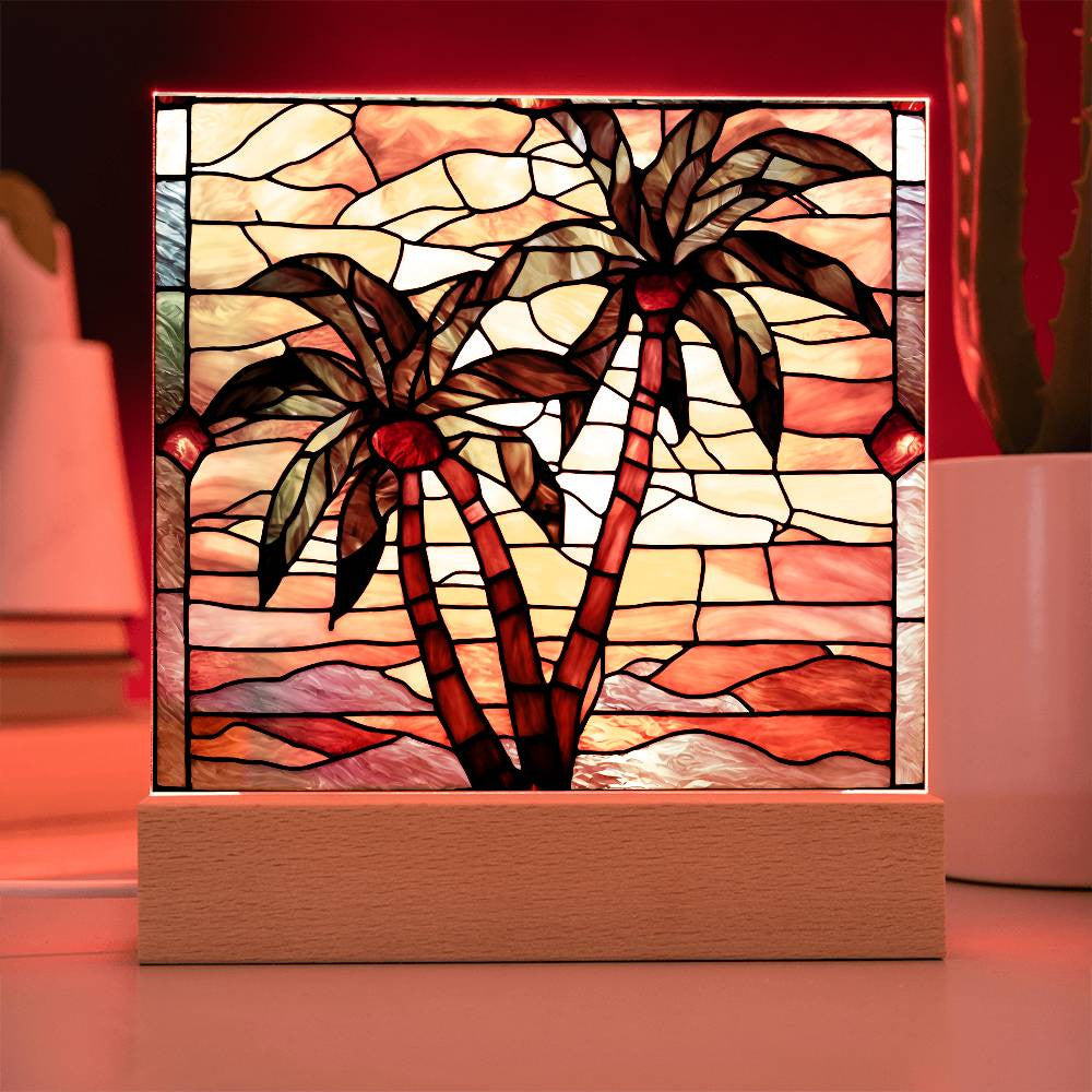 Palm Trees Faux Stained Glass Acrylic Square Plaque-[Heartfelt Family Gift]
