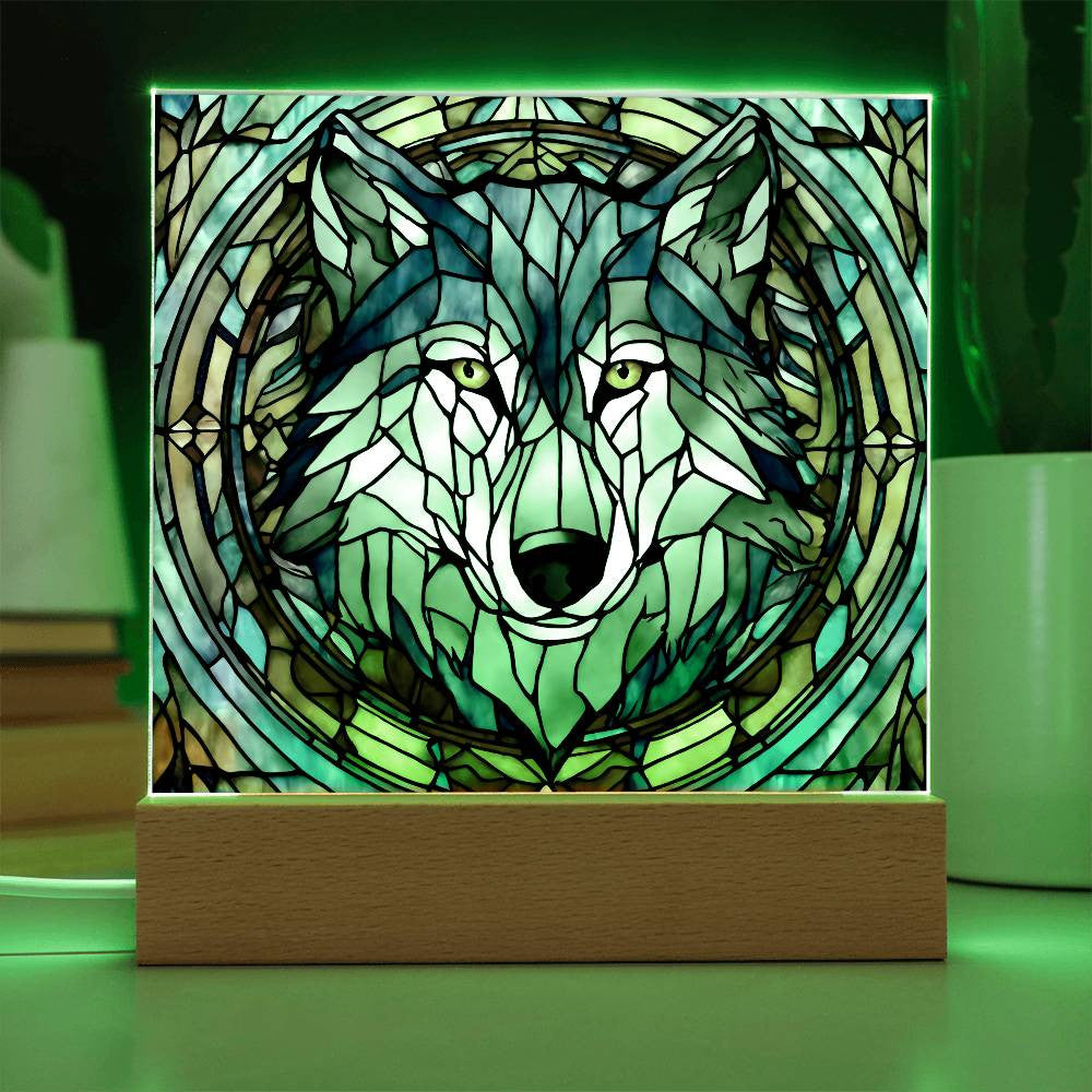 Stained Glass Wolf Acrylic Plaque - Decorative Faux Window Art for Home or Office-[Heartfelt Family Gift]