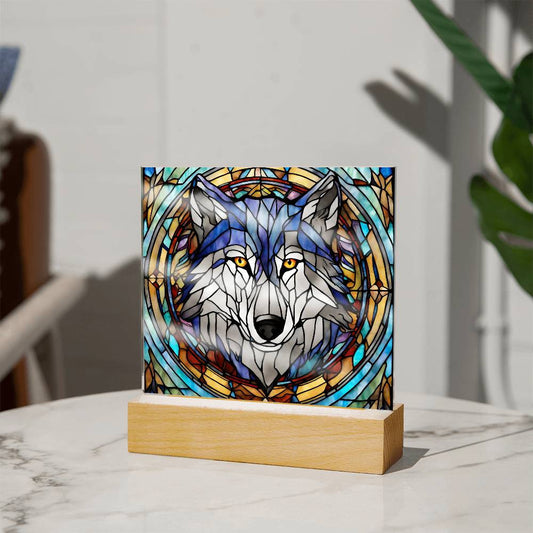 Stained Glass Wolf Acrylic Plaque - Decorative Faux Window Art for Home or Office-[Heartfelt Family Gift]