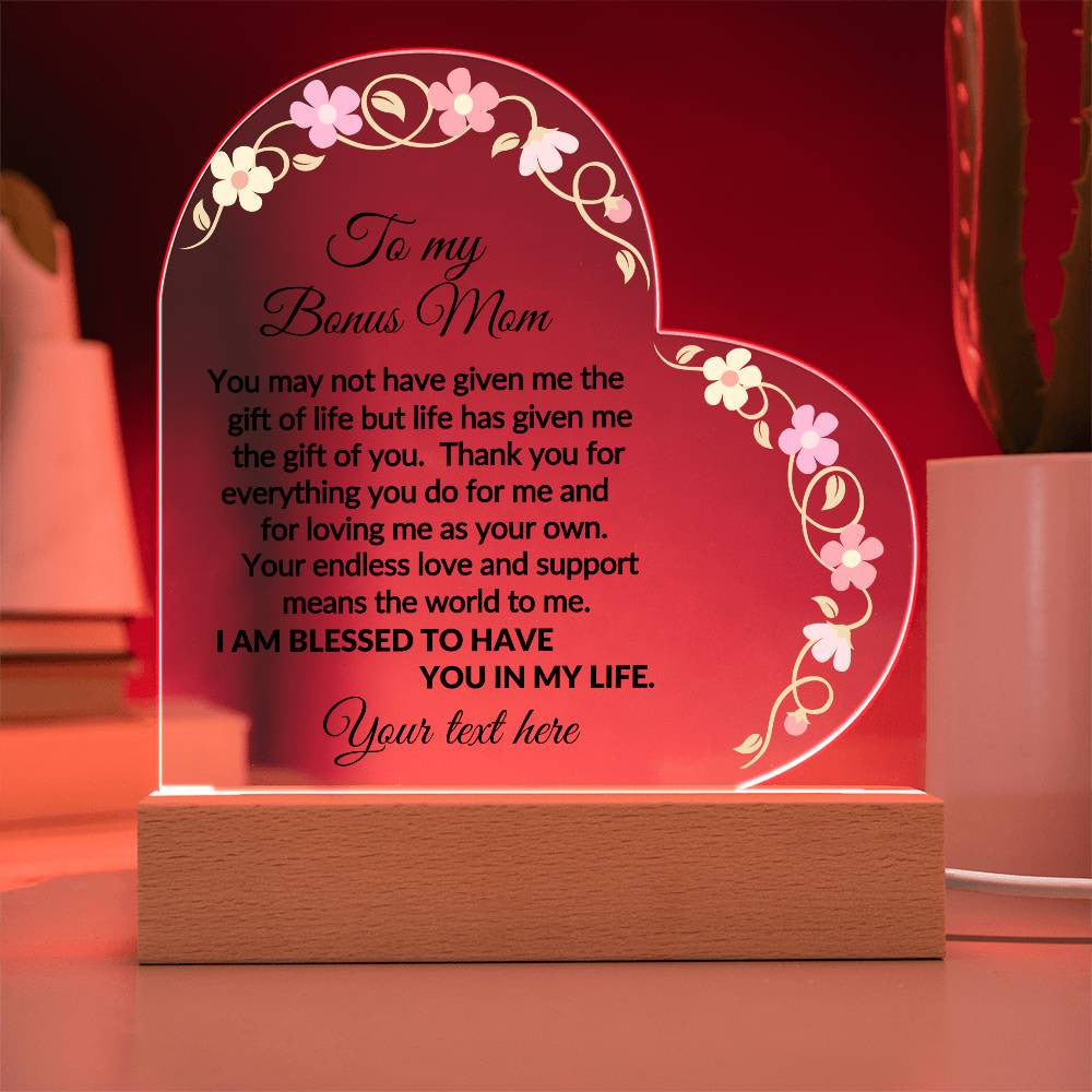 Personalized Bonus Mom LED Acrylic Heart Plaque-[Heartfelt Family Gift]