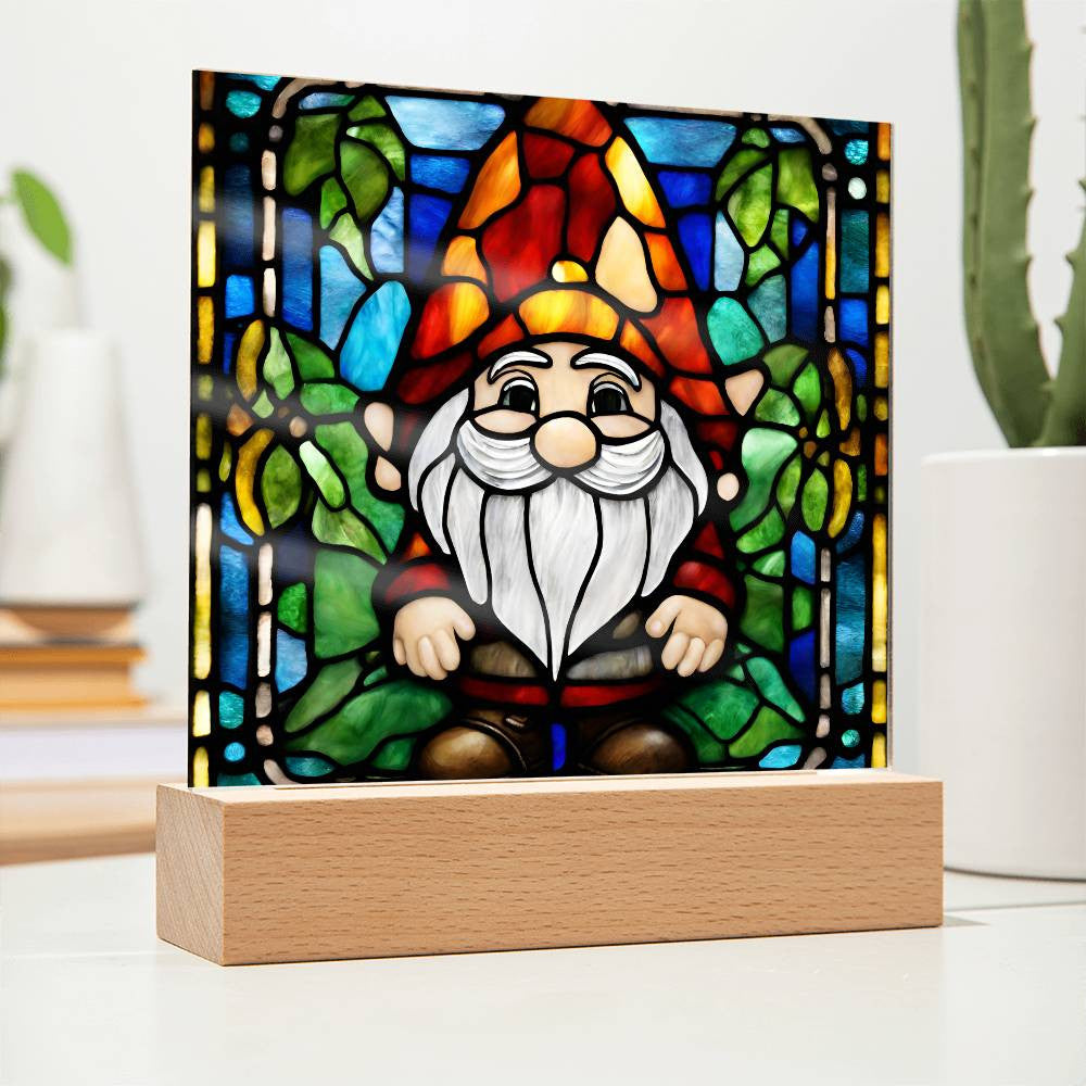 Gnome Faux Stained Glass Acrylic Square Plaque-[Heartfelt Family Gift]