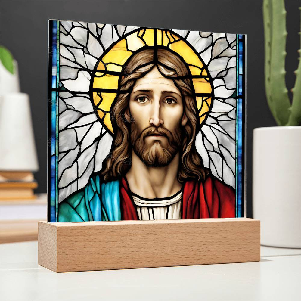 Christian Faith-Inspired Jesus Stained Glass Acrylic Plaque Night Light for Religious Home Decor and Gift-[Heartfelt Family Gift]