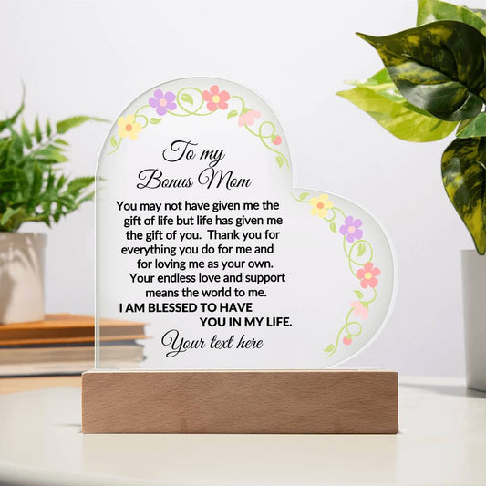 Personalized Bonus Mom LED Acrylic Heart Plaque-[Heartfelt Family Gift]