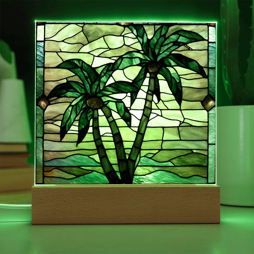 Palm Trees Faux Stained Glass Acrylic Square Plaque-[Heartfelt Family Gift]