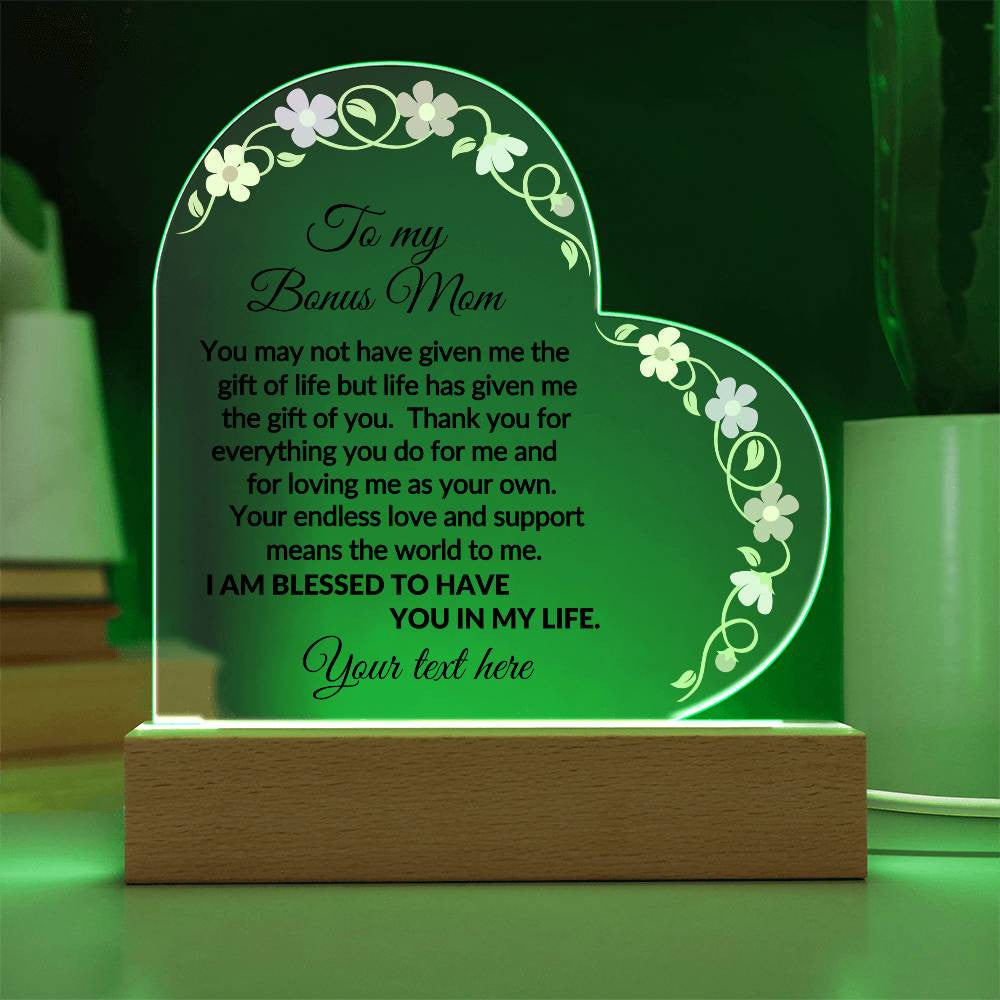 Personalized Bonus Mom LED Acrylic Heart Plaque-[Heartfelt Family Gift]