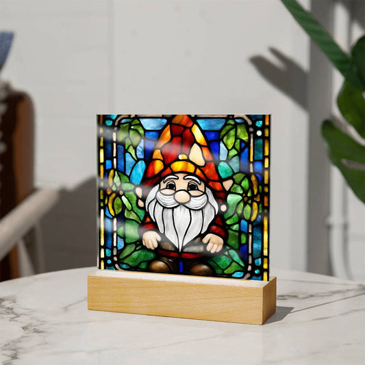 Gnome Faux Stained Glass Acrylic Square Plaque-[Heartfelt Family Gift]