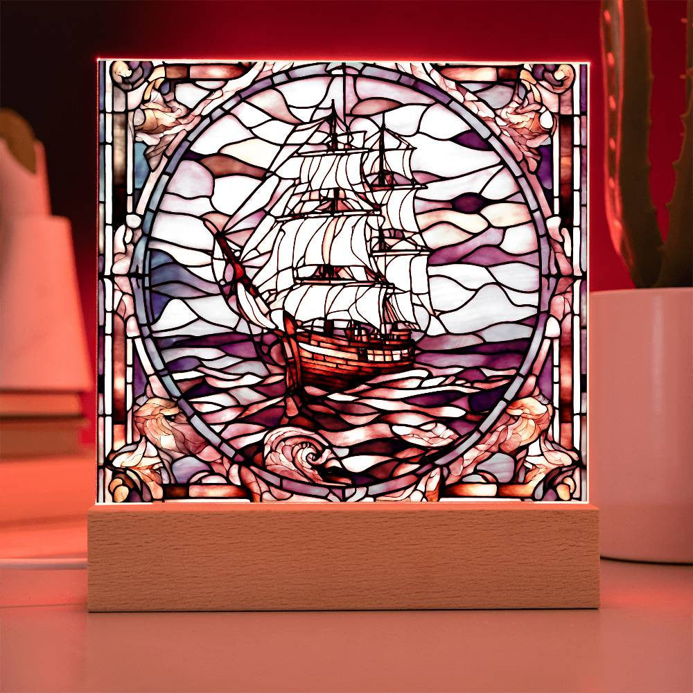 Ship Faux Stained Glass Acrylic Plaque-[Heartfelt Family Gift]