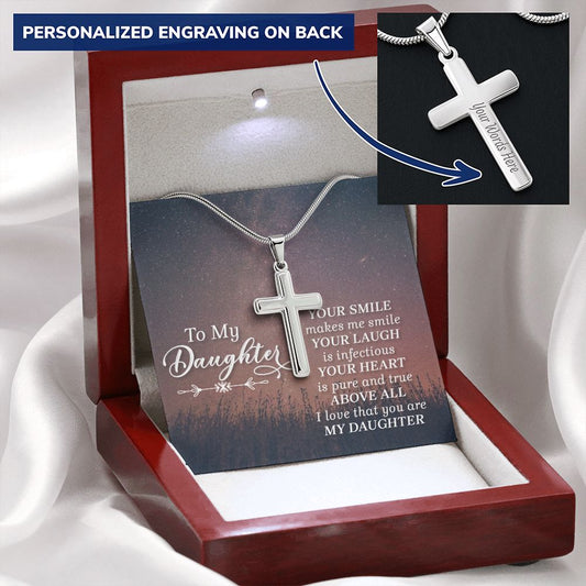 To My Daughter- Smile - Engraved Stainless Steel Cross-[Heartfelt Family Gift]