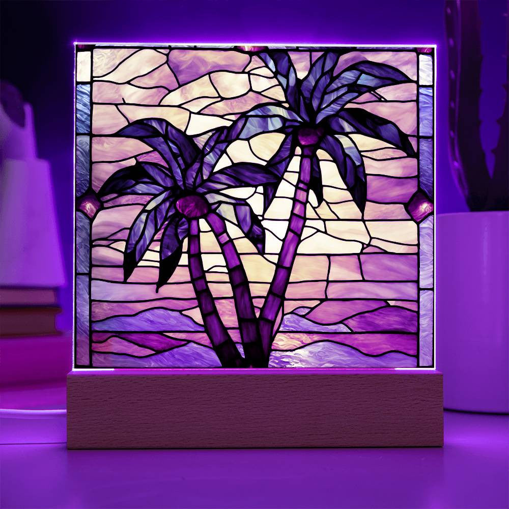 Palm Trees Faux Stained Glass Acrylic Square Plaque-[Heartfelt Family Gift]