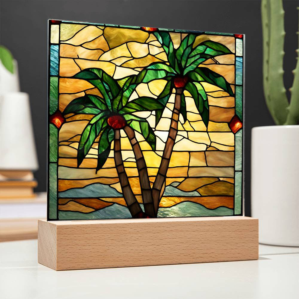 Palm Trees Faux Stained Glass Acrylic Square Plaque-[Heartfelt Family Gift]