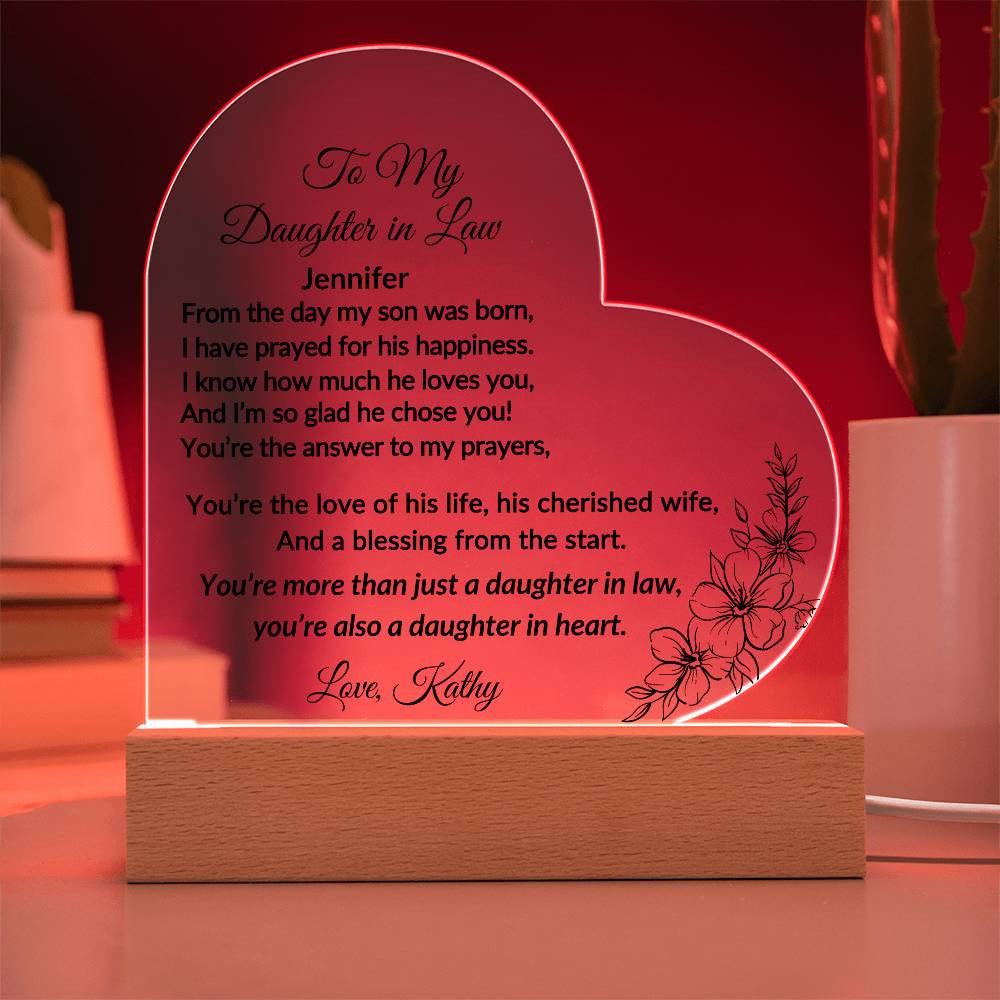 Daughter in Law Acrylic Heart Plaque-[Heartfelt Family Gift]