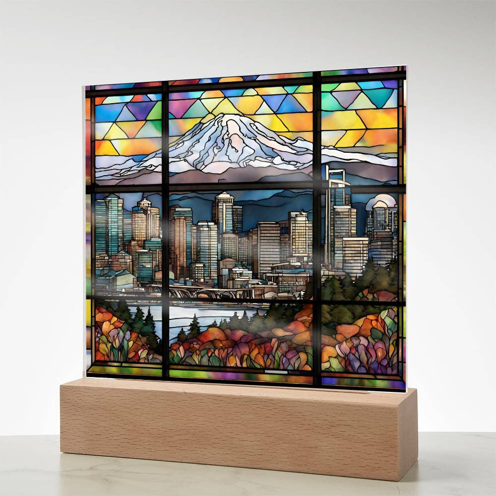 Seattle Skyline Mount Rainier LED Acrylic Plaque-[Heartfelt Family Gift]