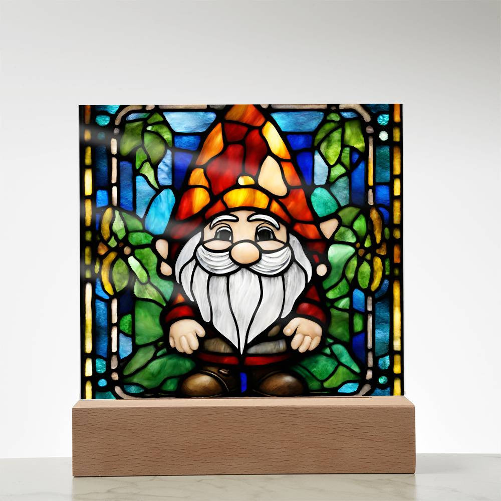 Gnome Faux Stained Glass Acrylic Square Plaque-[Heartfelt Family Gift]