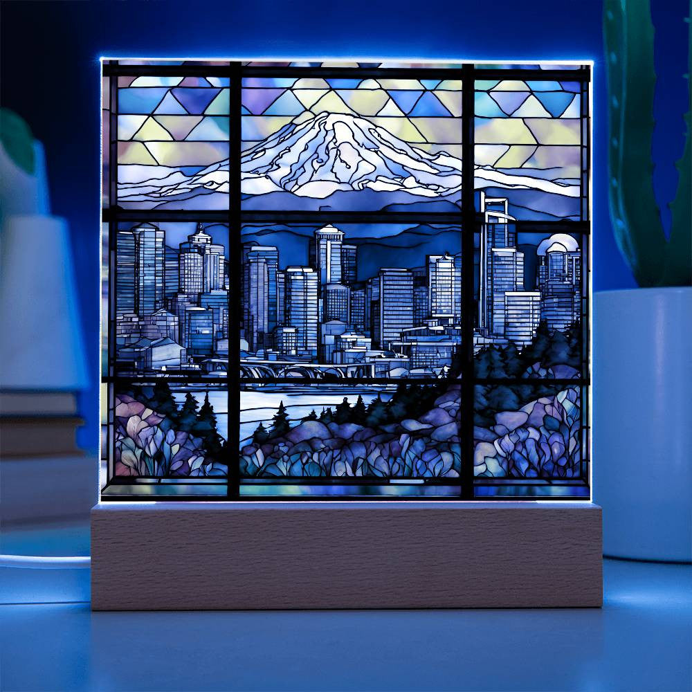 Seattle Skyline Mount Rainier LED Acrylic Plaque-[Heartfelt Family Gift]