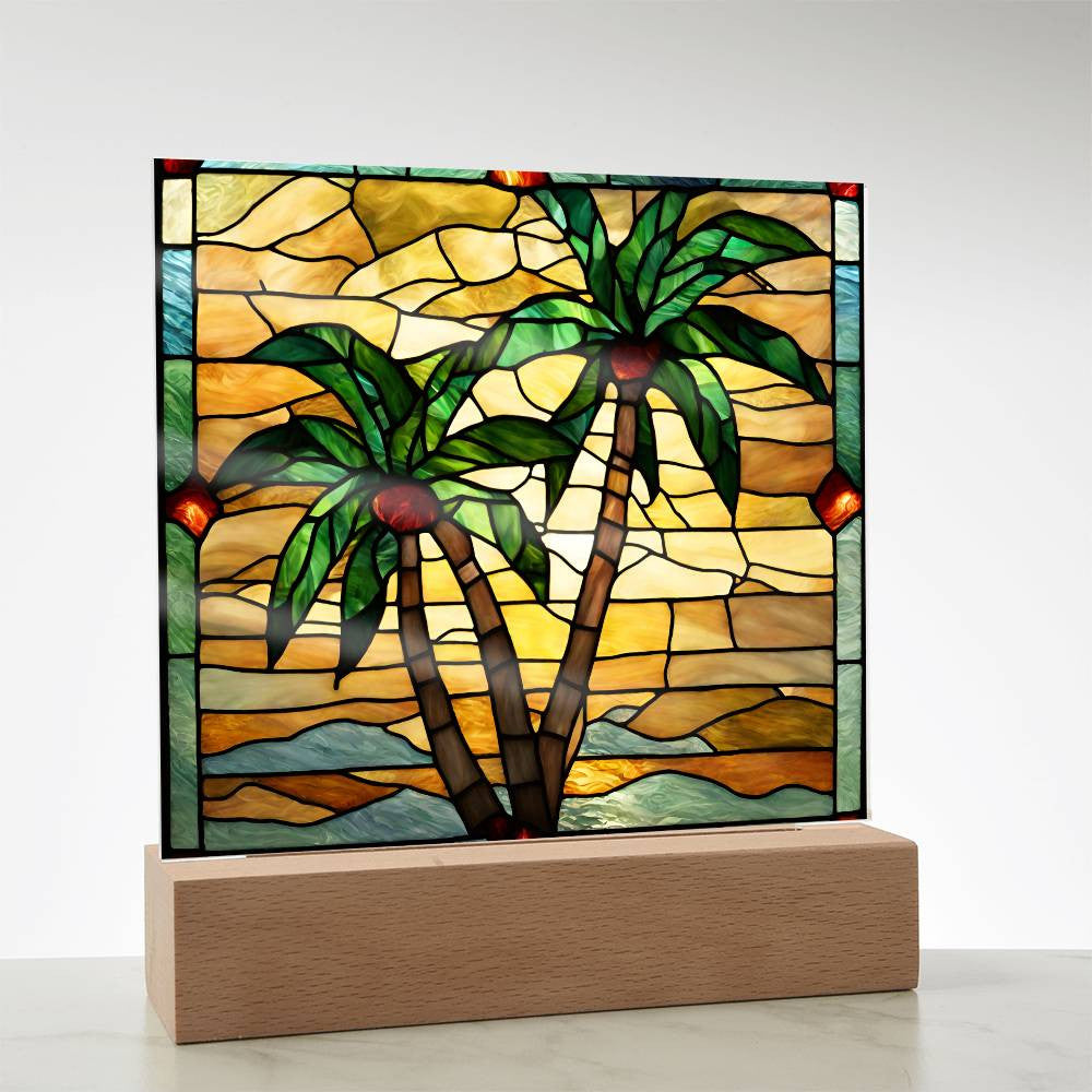 Palm Trees Faux Stained Glass Acrylic Square Plaque-[Heartfelt Family Gift]