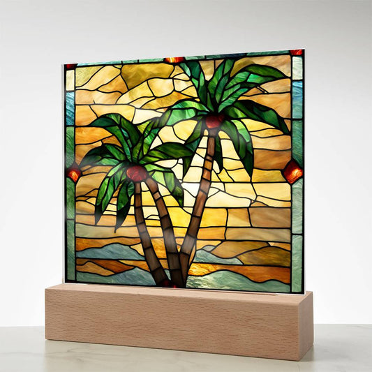 Palm Trees Faux Stained Glass Acrylic Square Plaque-[Heartfelt Family Gift]