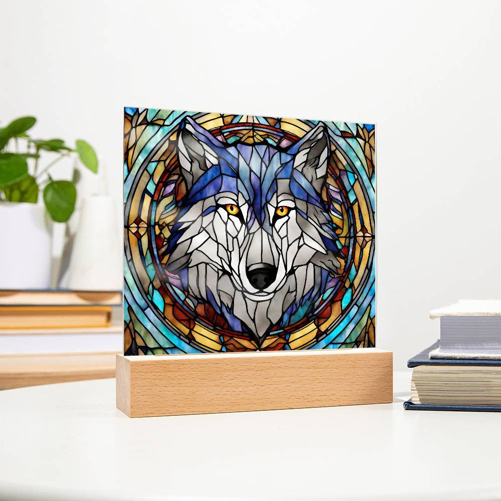 Stained Glass Wolf Acrylic Plaque - Decorative Faux Window Art for Home or Office-[Heartfelt Family Gift]