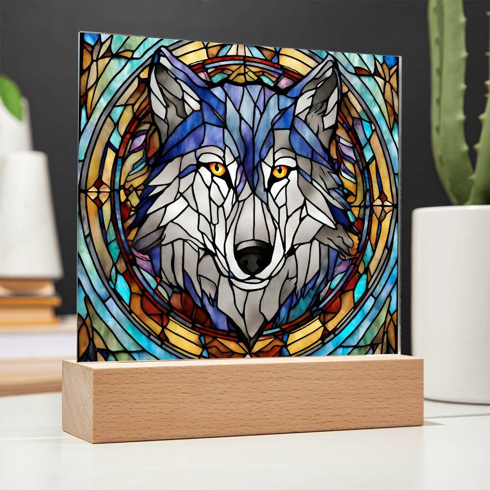 Stained Glass Wolf Acrylic Plaque - Decorative Faux Window Art for Home or Office-[Heartfelt Family Gift]