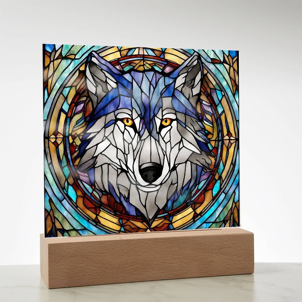 Stained Glass Wolf Acrylic Plaque - Decorative Faux Window Art for Home or Office-[Heartfelt Family Gift]