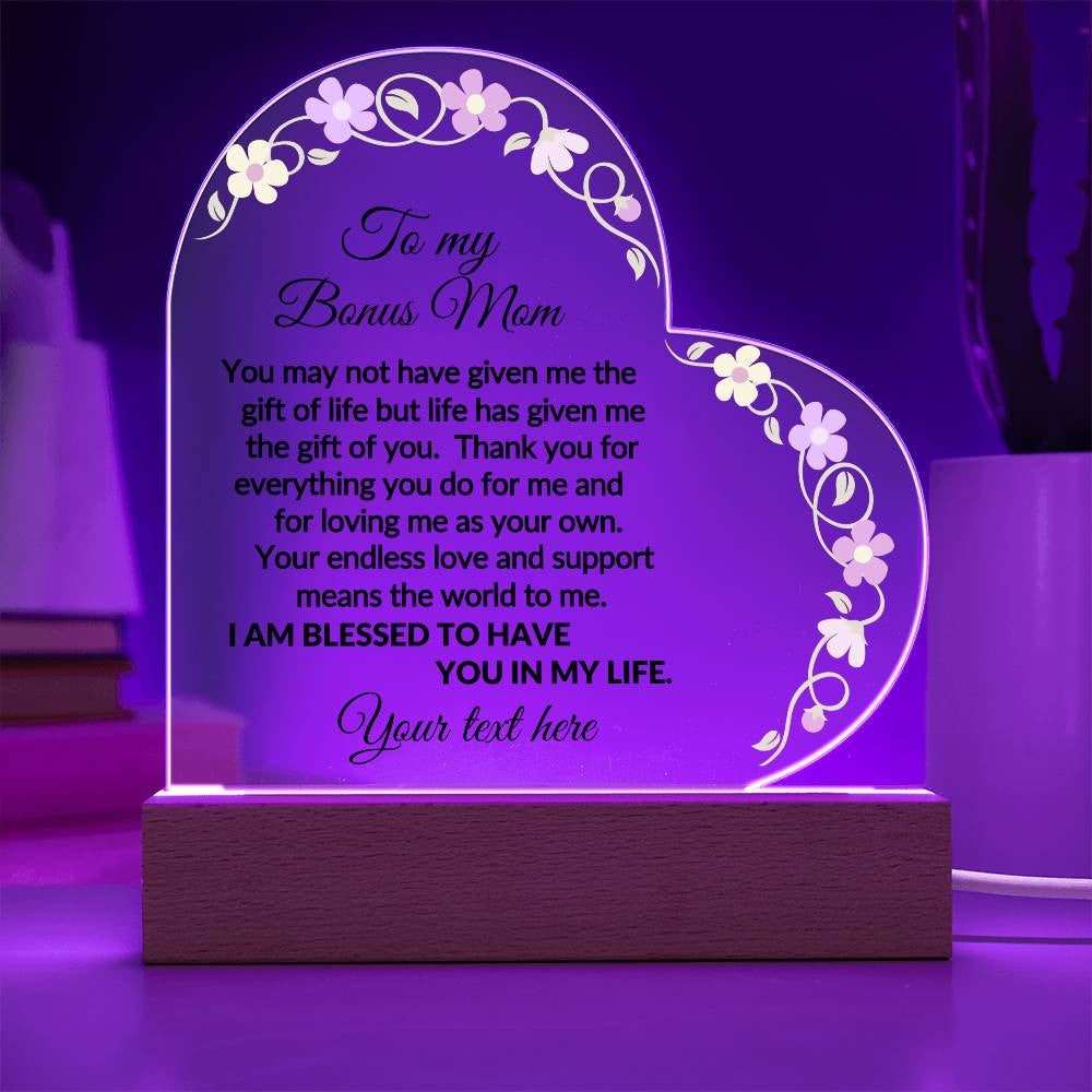 Personalized Bonus Mom LED Acrylic Heart Plaque-[Heartfelt Family Gift]