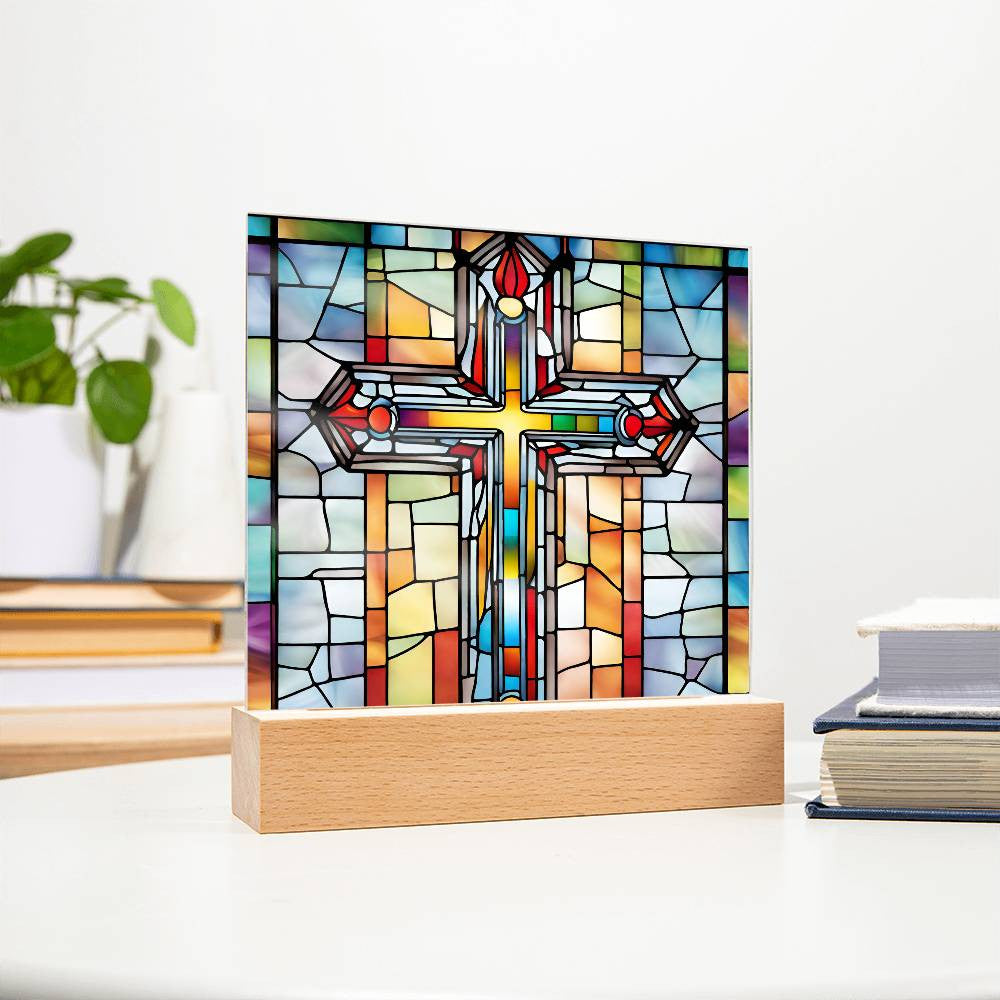 Biblical Cross Faux Stained Glass - Christian Religious Gift for Catholic 1st Communion Baptism and Loss of Loved Ones-[Heartfelt Family Gift]