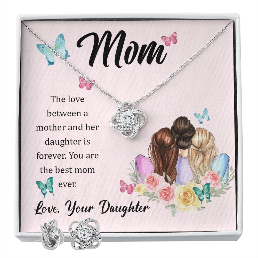 The Love Between A Mother And Her Daughter Is Forever Love Knot Necklace And Earring Set-[Heartfelt Family Gift]