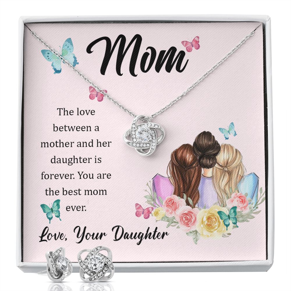 The Love Between A Mother And Her Daughter Is Forever Love Knot Necklace And Earring Set-[Heartfelt Family Gift]