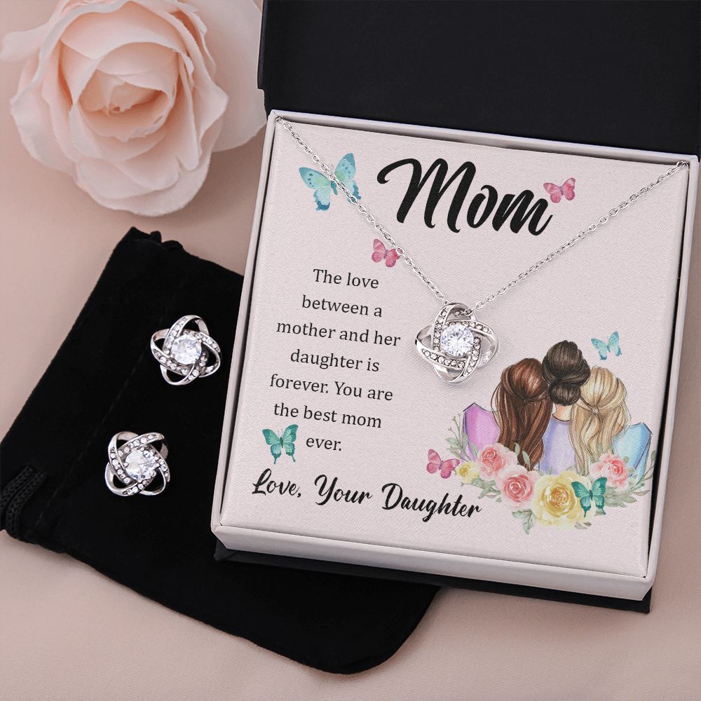 The Love Between A Mother And Her Daughter Is Forever Love Knot Necklace And Earring Set-[Heartfelt Family Gift]