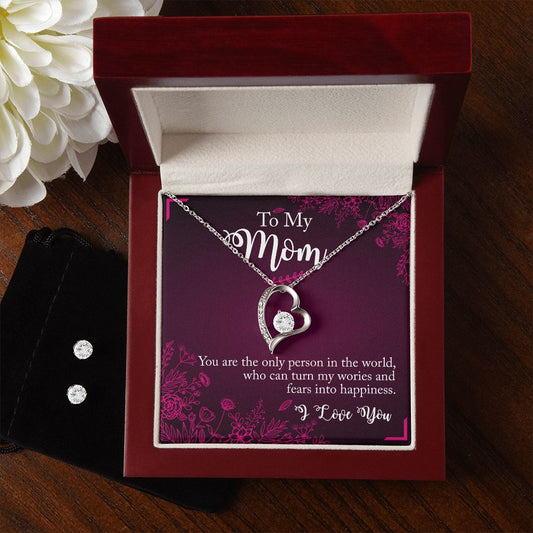 To My Mom Happiness Heart Necklace Earring Set-[Heartfelt Family Gift]