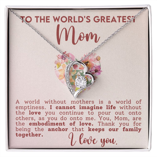 Forever Love Heart Necklace - Worlds Greatest Mom  Silver Pendant Gift-[Heartfelt Family Gift]